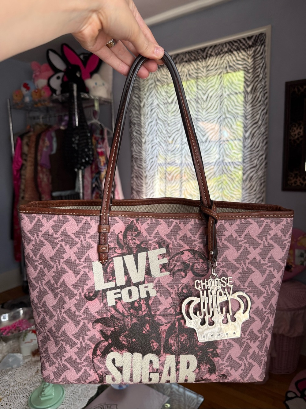 Juicy Couture Pink Canvas Tote with Brown Trim and Crown Charm